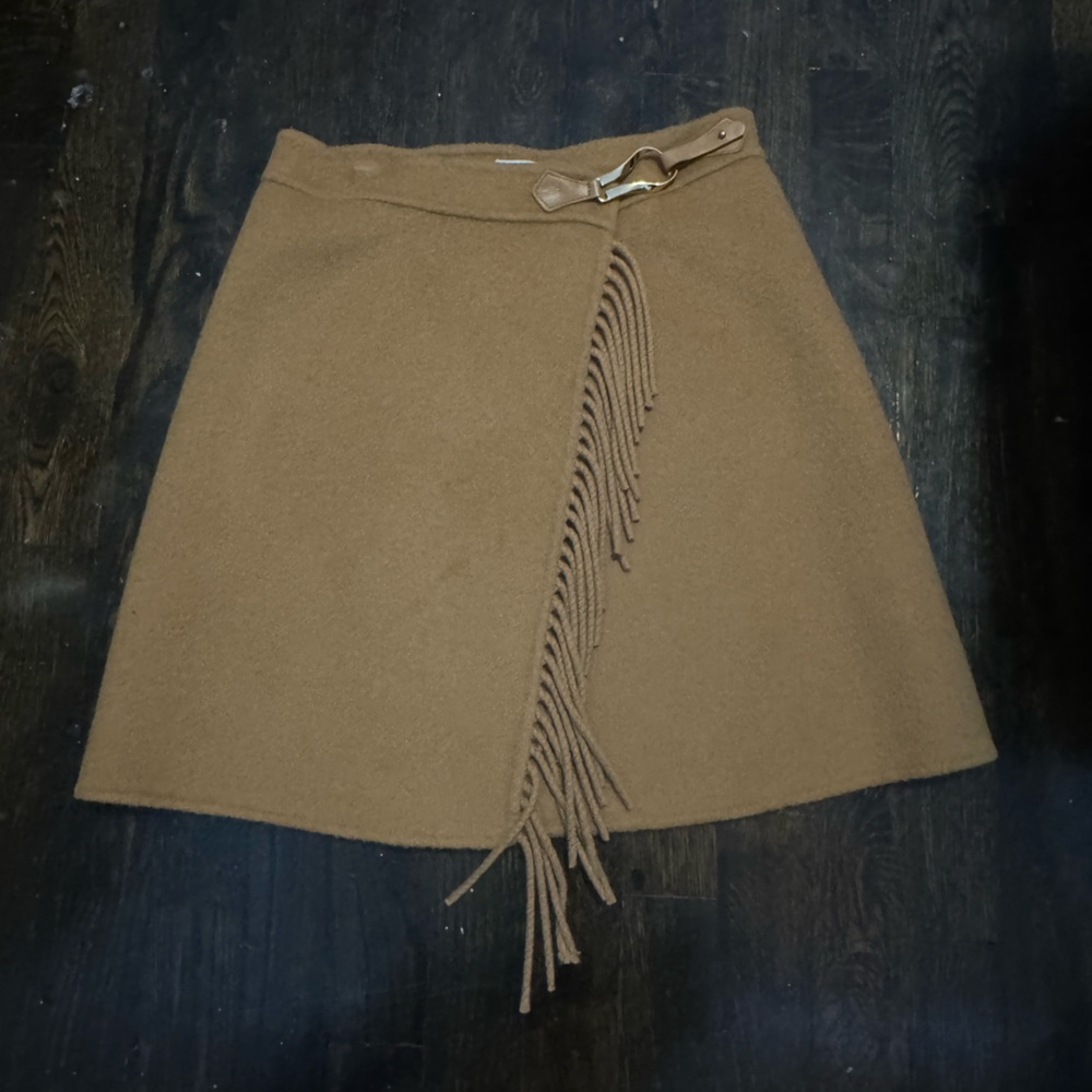 Sandro Wool Camel Fringe A-Line Wrap Skirt